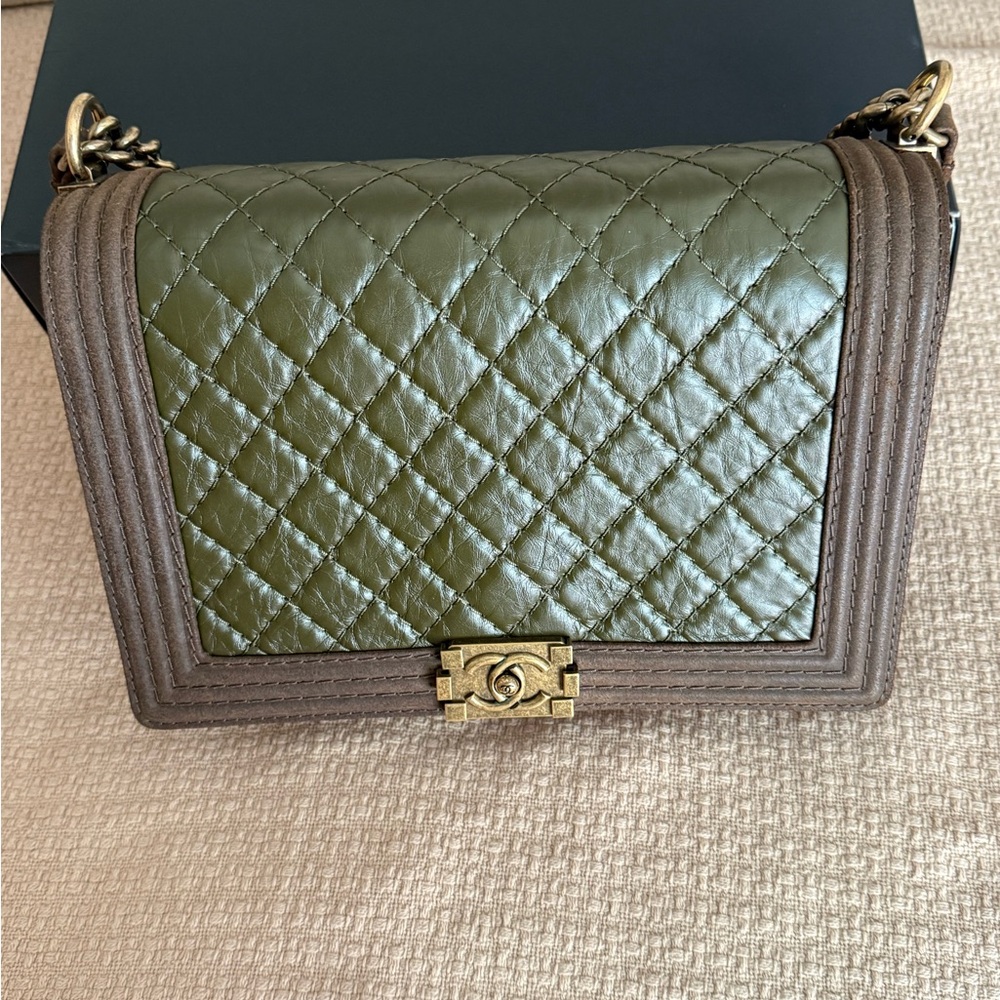 CHANEL Le Boy Green calfskin and Brown suede Quilted Bag with aged gold hardware